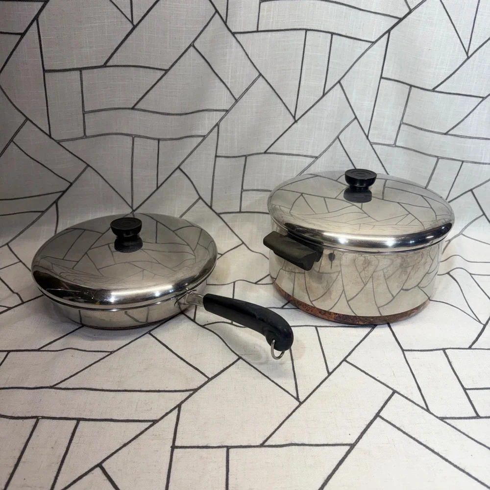 Revere Ware Copper‎ Bottom Cookware 6 Qt Pot 10 in Skillet Silver Vintage Set